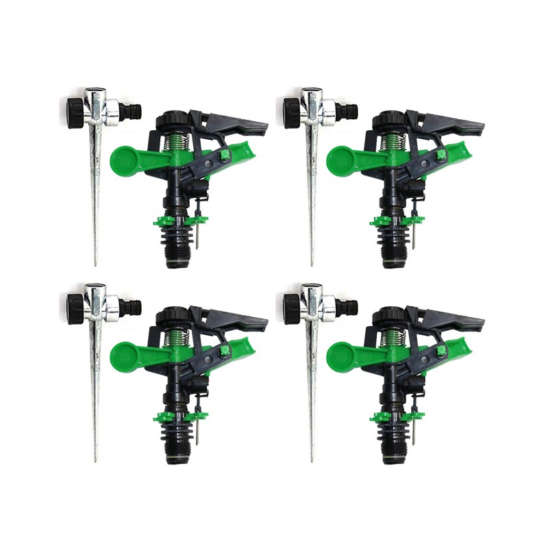 Pack de 4 arroseurs secteur agricole 1/2" 6-12m + 4 piquets porte-arroseurs métalliques