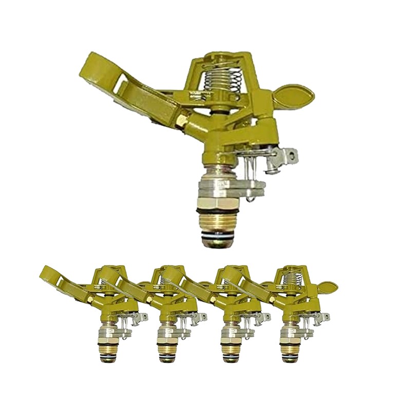 Pack 5 x Adjustable 1/2" brass zinc irrigation sprinkler. Range 7-12.5 m. Flow rate 9 to 20 liters/minute Pack 5 x Adjustable 1/2" brass zinc irrigation sprinkler. Range 7-12.5 m. Flow rate 9 to 20 liters/minute