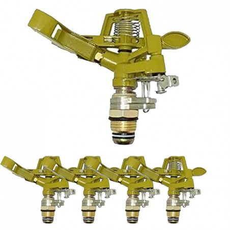 Pack 5 x Adjustable 1/2" brass zinc irrigation sprinkler. Range 7-12.5 m. Flow rate 9 to 20 liters/minute