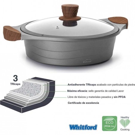 Padella Lacor bassa da cucina con coperchio in vetro Stilo, Realizzata in Fusione di Alluminio, Ø 28cm