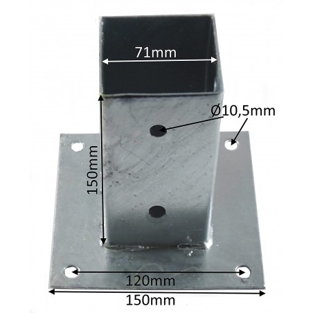 Confezione da 5 tasselli metallici quadrati, 7x7 cm, base 15x15 cm. Ideali per pali in legno.