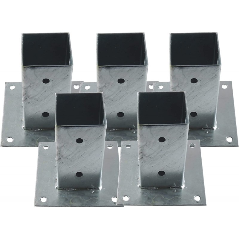 Lot de 5 chevilles métalliques carrées, 9 x 9 cm, base 15 x 15 cm. Idéales pour poteaux en bois.