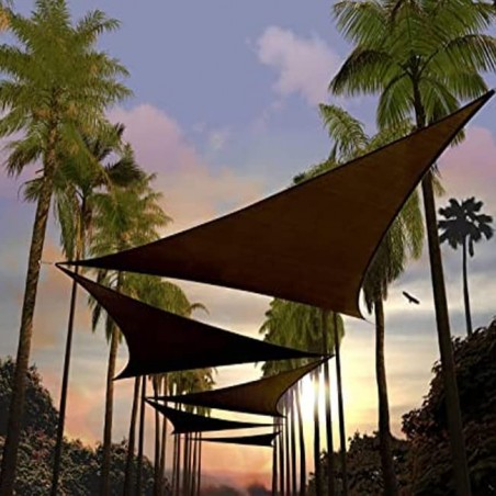 Auvent type Voile en polyester triangulaire 5 x 5 x 5 mètres, sable 165 gr/m2 UV pour jardin. Corde d'installation inclus