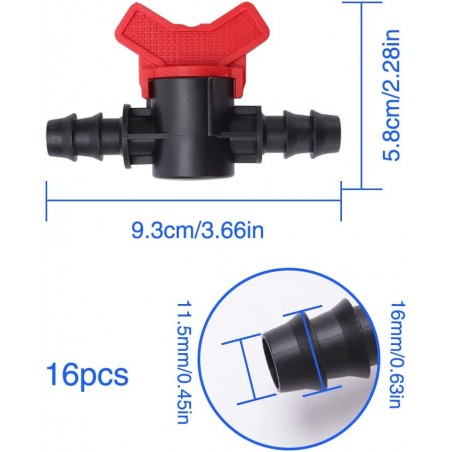 Lot de 16 Vanne cannelé 16mm pour tuyau goutte à goutte. Soupape d'arrêt pour l'irrigation goutte à goutte