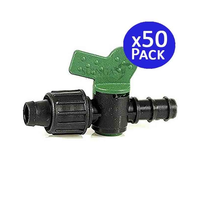 Robinet d'arrêt pour ruban goutte-à-goutte de 16 mm vers tube goutte-à-goutte de 16 mm. 50 unités