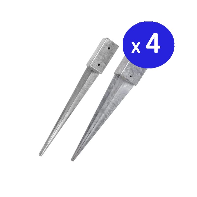 Lot de 4 Piquet d'angrage carré métallique 9 x 9 cm, base de 90 cm, idéaux pour poteaux en bois, gris Lot de 4 Piquet d'angrage carré métallique 9 x 9 cm, base de 90 cm, idéaux pour poteaux en bois, gris