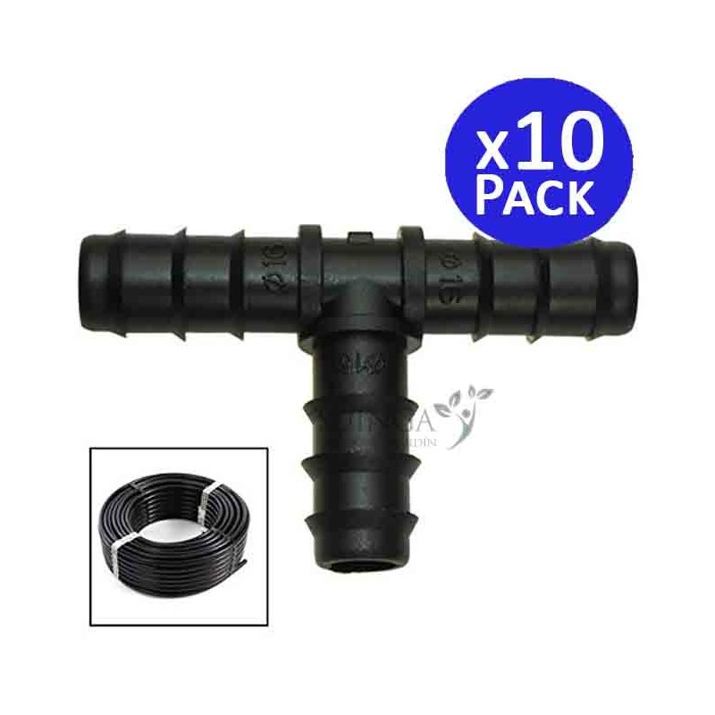 Lot de 10 Té arrosage goutte à goutte 16mm noir| Té goutte à goutte pour tuyau d'irrigation 16 mm noir