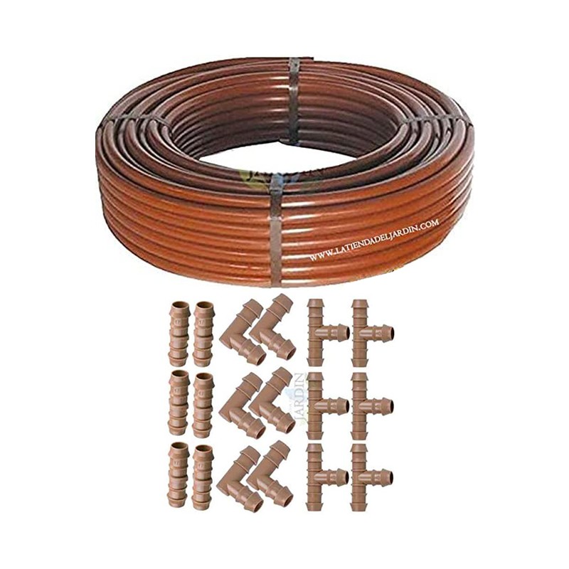 Tuberia Riego por Goteo 16mm 50 metros Marrón | Incluye Accesorios de goteo 6 Te + 6 Codo + 6 Enlace Tuberia Riego por Goteo 16mm 50 metros Marrón | Incluye Accesorios de goteo 6 Te + 6 Codo + 6 Enlace