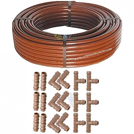 Pack de tuyaux goutte à goutte 16 mm, 50 mètres marron, sans goutteurs + 6 tés + 6 coudes + 6 raccords