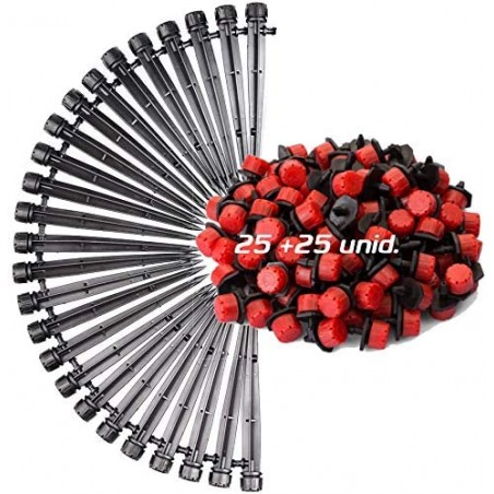 Pacchetto irrigazione a goccia. 25 gocciolatori regolabili da 0 a 70 l/ora + 25 gocciolatori regolabili da 0 a 70 l/ora con picc