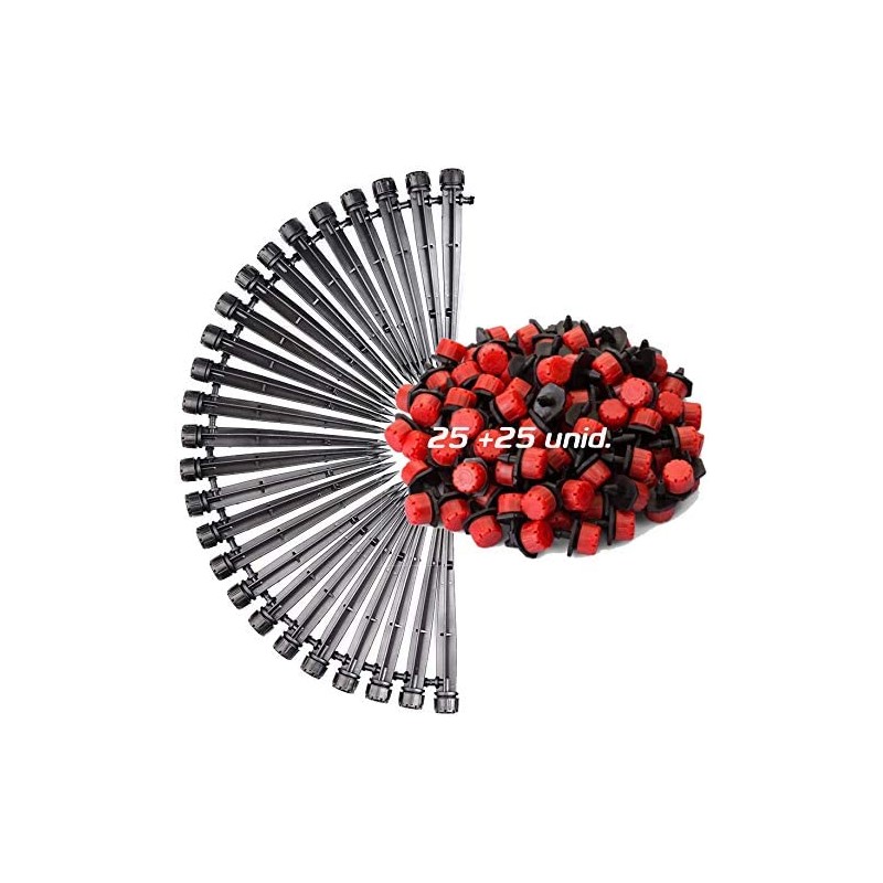 Pacote de irrigação por gotejamento. 25 gotejadores ajustáveis de 0 a 70 l/hora + 25 gotejadores ajustáveis de 0 a 70 l/hora com