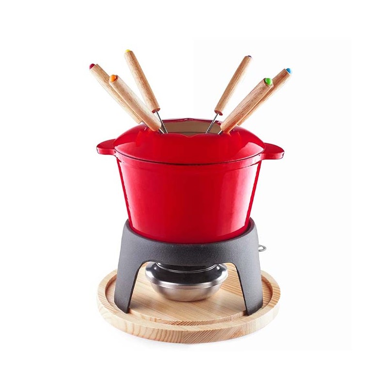 Service à fondue en fonte émaillée, support en fer avec base en bois, 6 fourchettes, Lacor