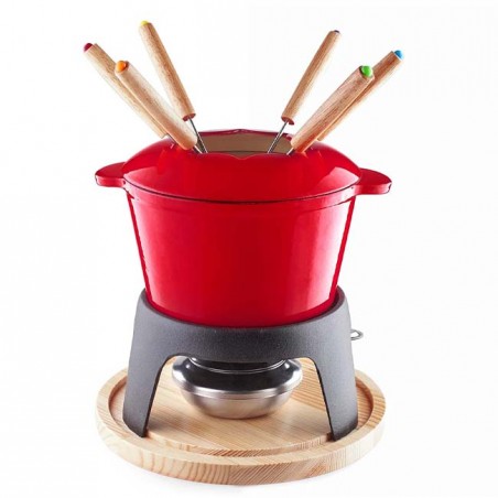 Service à fondue en fonte émaillée, support en fer avec base en bois, 6 fourchettes, Lacor