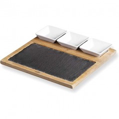 Tábua de ardósia e bambu com tigelas para apresentação de alimentos [28 x 28 x 1,5 cm]