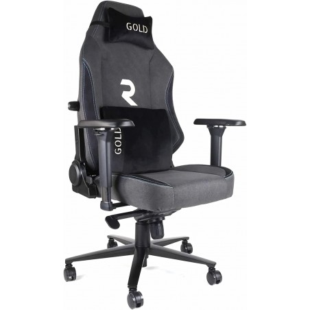 Cadeira gamer profissional dourada. Inclinação de 180º, altura ajustável, apoios de braços 4D, almofada cervical e lombar