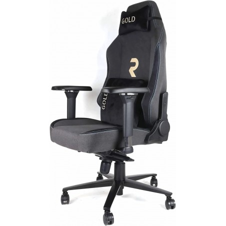 Cadeira gamer profissional dourada. Inclinação de 180º, altura ajustável, apoios de braços 4D, almofada cervical e lombar