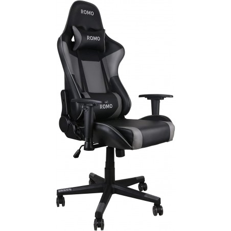 Cadeira gamer profissional Julieta. Cinza. Inclinação de 180º, altura ajustável, almofada cervical e lombar.