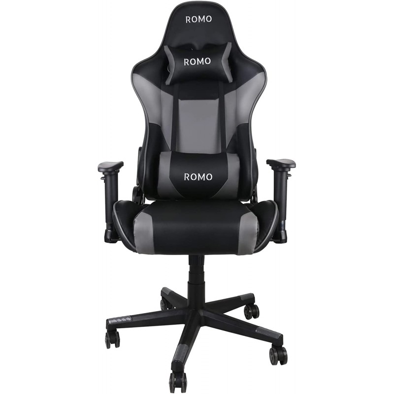 Juliet Professioneller Gamer-Stuhl. Graue Farbe 180º Neigung,  höhenverstellbar, Nacken- und Lendenkissen