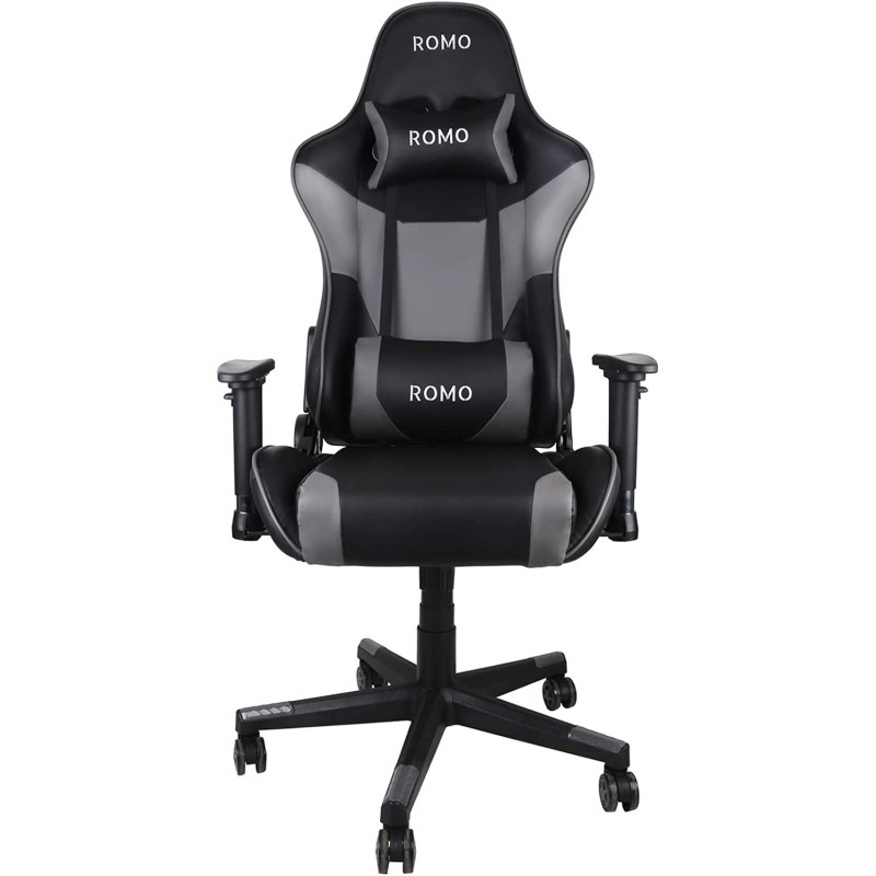 Silla Gamer Profesional Julieta. Color Gris Inclinación 180º, Altura Regulable, Cojín Cervical y Lumbar