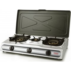 Cuisinière à gaz portable Romo en acier inoxydable avec couvercle. Allumage électrique et brûleurs triple couronne (3 brûleurs).