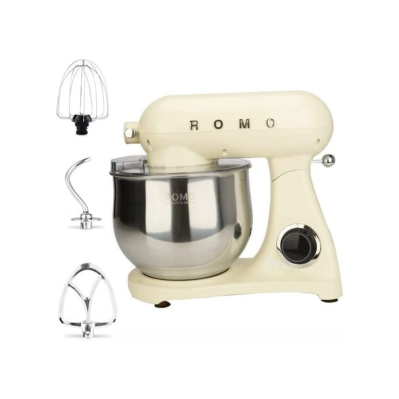 Robot Batteur Patisserie avec Fouet, Batteur, Crochet, Bol d'Acier Inoxydable 8L, 6 Vitesses Faible Bruit Patisserie, Romo