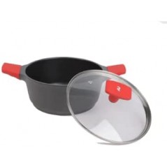 28 cm Kasserolle mit Deckel aus gehärtetem Glas und Silikongriffen. Geeignet für Induktion	