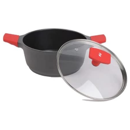 Stielkasserolle mit Hartglasdeckel, 20 cm, und Silikongriffen. Induktionsgeeignet.