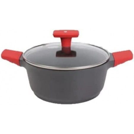 Stielkasserolle mit Hartglasdeckel, 28 cm, und Silikongriffen. Induktionsgeeignet.
