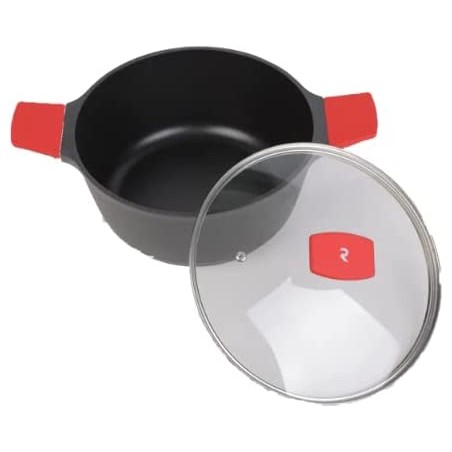 Stielkasserolle mit Hartglasdeckel, 28 cm, und Silikongriffen. Induktionsgeeignet.