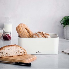 Brotkasten im nordischen Stil mit Schneidebrett auf dem Deckel [30 x 18 x 12,5 cm] - Mattweiß