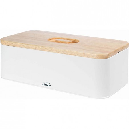 Nordic style bread bin with cutting board on the lid [42 x 22.5 x 12.5 cm] - Matt white