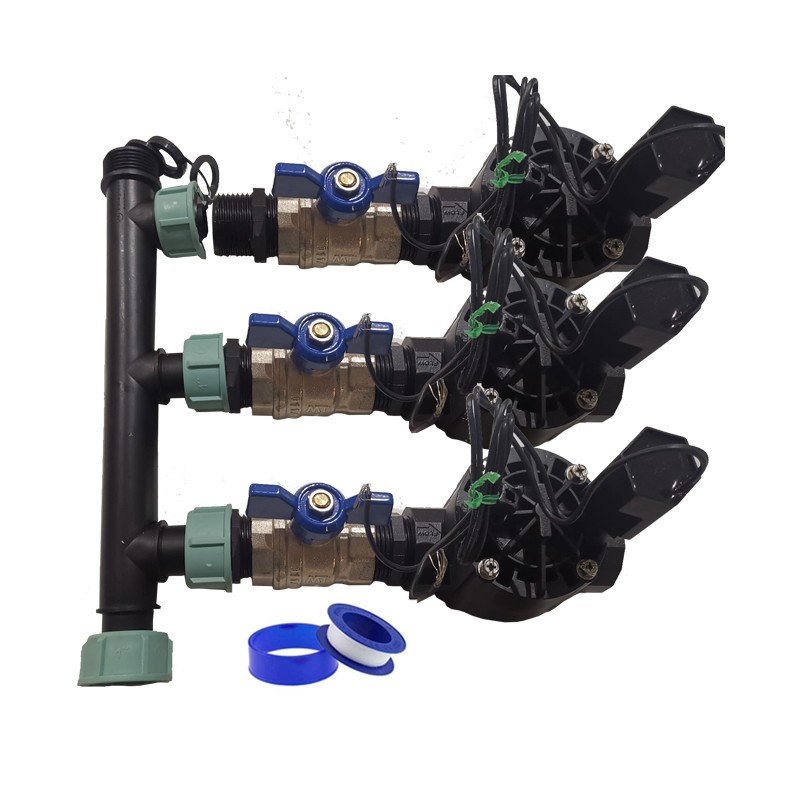 Sistema de irrigação automática de jardim de 3 zonas com válvula solenoide Rain Bird HV de 1" e 24 V. Use com programadores elét