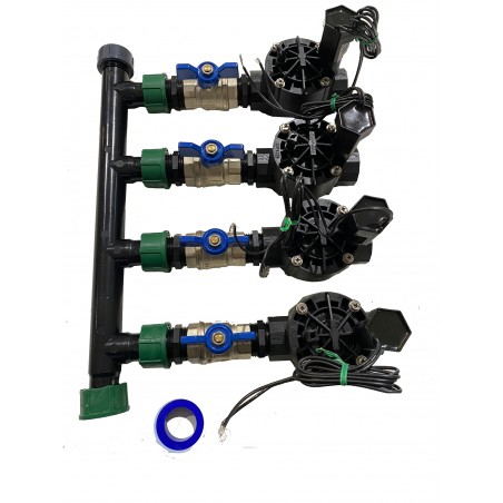 Automatisches Gartenbewässerungssystem mit 4 Zonen mit Rain Bird HV 1" 24 V Magnetventil. Verwendung mit elektrischen Programmiergeräten