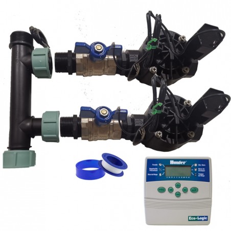 Automatisches Gartenbewässerungssystem mit 2 Zonen mit ELC401-Programmiergerät und Rain Bird HV 1" 24-V-Magnetventilen