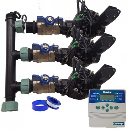 Automatisches Gartenbewässerungssystem mit 3 Zonen mit ELC401-Programmiergerät und Rain Bird HV 1" 24-V-Magnetventilen