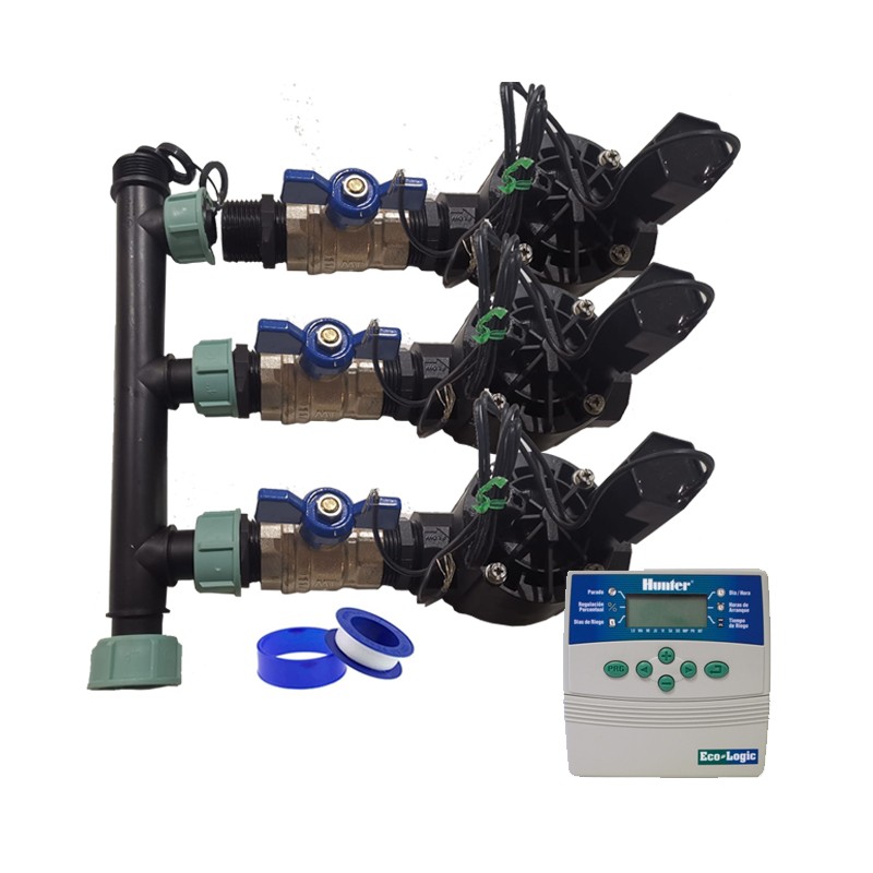 Sistema di irrigazione automatico da giardino a 3 zone con programmatore ELC401 e elettrovalvole Rain Bird HV da 1" 24 V
