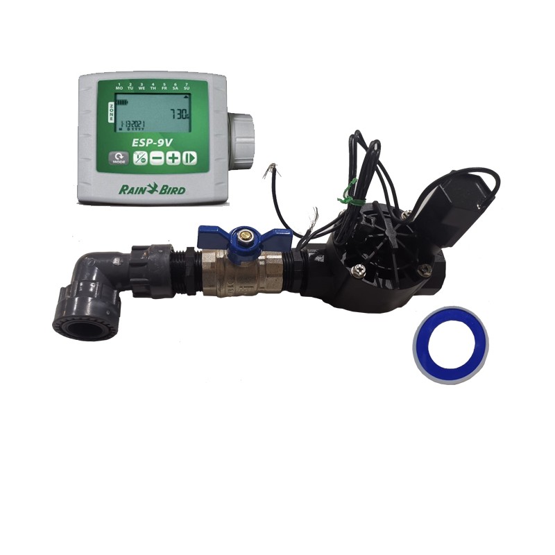 Sistema di irrigazione automatico da giardino a 1 zona con programmatore ESP 9V ed elettrovalvola Rain Bird HV 1" 9V