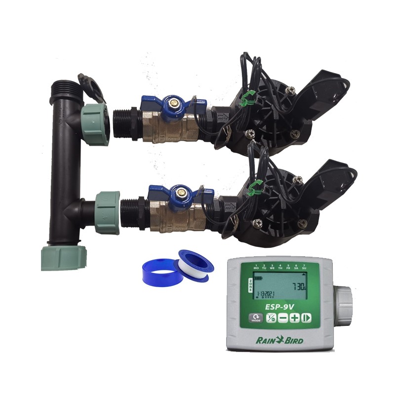 2-Zone Automatic Garden Irrigation System with ESP 9V Controller and Rain Bird HV 1" 9V Solenoid Valves