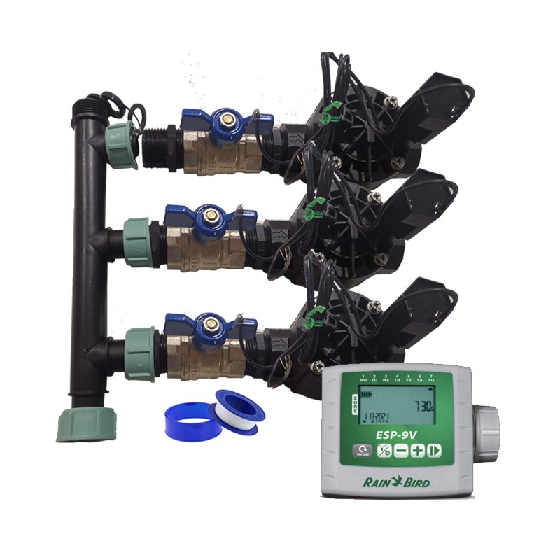 Sistema de irrigação automática de jardim de 3 zonas com controlador ESP 9V e válvulas solenoides Rain Bird HV 1" 9V