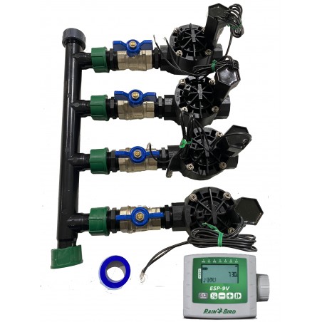 4-Zone Automatic Garden Irrigation System with ESP 9V Controller and Rain Bird HV 1" 9V Solenoid Valves