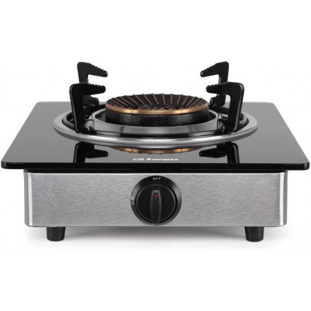 Hornillo a gas Orbegozo FO1720, cuerpo INOX y superficie de cristal templado negro (7mm). Combustible: Gas butano o gas propano.