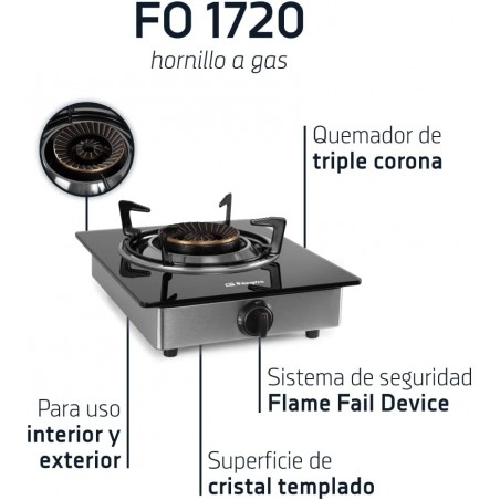 Fogão a gás Orbegozo FO1720, corpo em aço inoxidável e superfície em vidro temperado preto (7 mm). Combustível: gás butano ou pr
