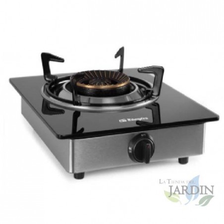 Orbegozo gas stove, stainless steel body and black tempered glass surface (7mm). Fuel: Butane or propane gas.