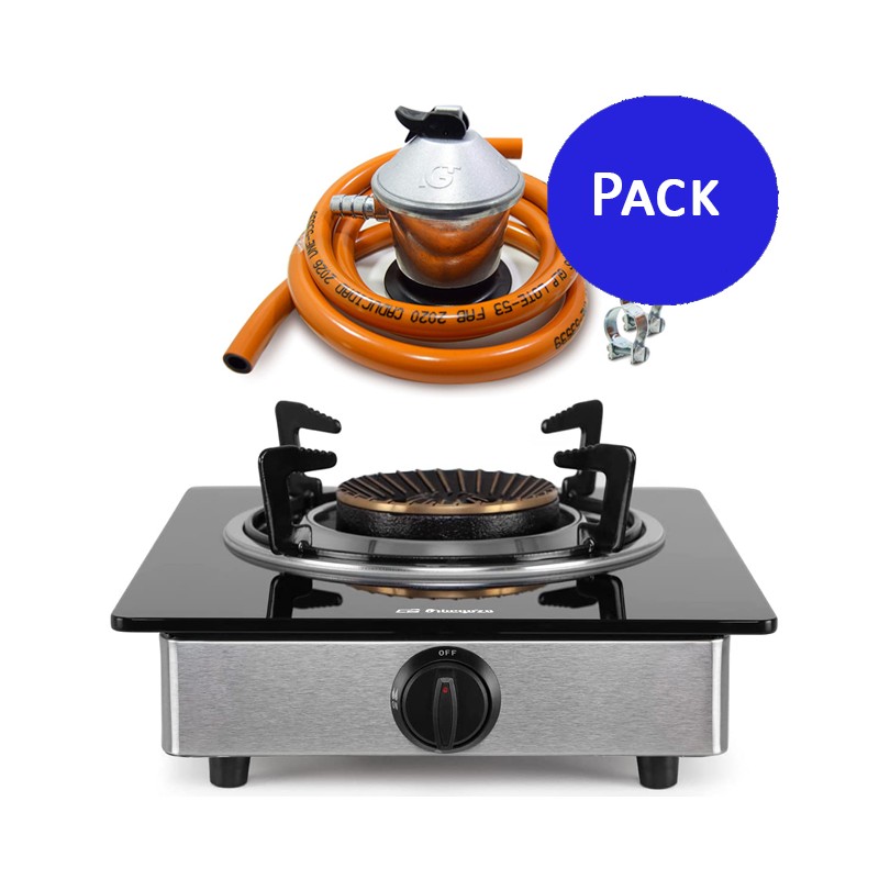 Pack réchaud à gaz Orbegozo FO1720, corps en acier inoxydable + régulateur de gaz butane complet