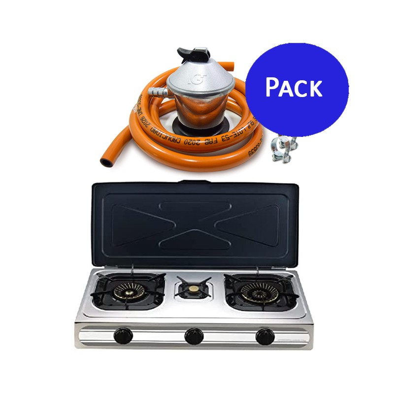 Orbegozo FO3500 Stainless Steel Gas Stove Pack + Complete Butane Gas Regulator
