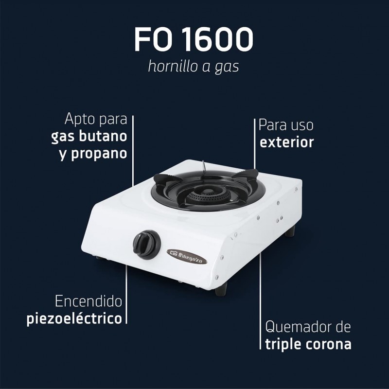 Réchaud à Gaz Orbegozo FO 1600 – Brûleur Triple Couronne 3,2 KW, Allumage Piézo, Butane/propane, Pieds Antidérapants, Extérieur