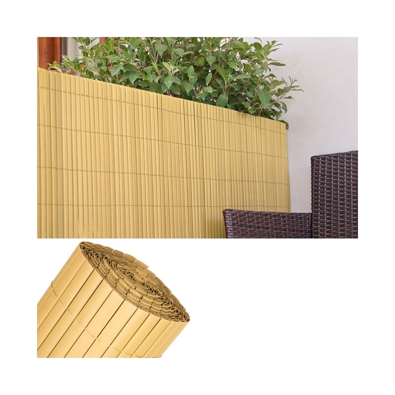 Canisse Synthétique PVC double 1,5 x 5 m avec Cannes Entières naturelle, Brise-Vue pour Jardins, Balcons et Clôtures