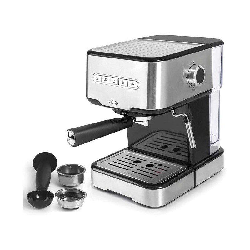 Espresso coffee maker with 2 coffee outlets and milk heating/frothing function, suitable for ground coffee and Lacor capsules. Espresso coffee maker with 2 coffee outlets and milk heating/frothing function, suitable for ground coffee and Lacor capsules.