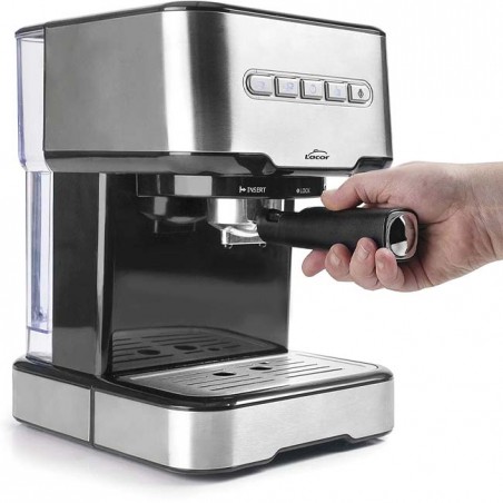 Espresso coffee maker with 2 coffee outlets and milk heating/frothing function, suitable for ground coffee and Lacor capsules.