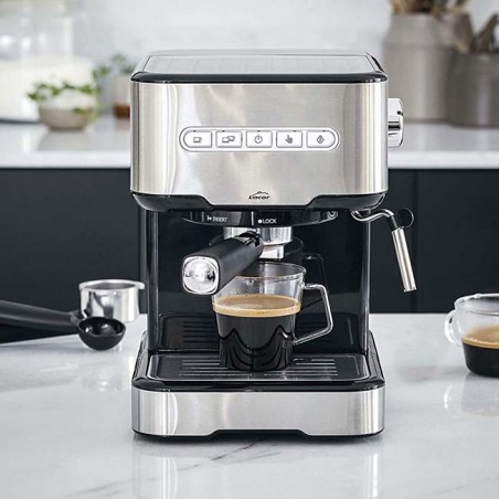 Cafetière expresso avec 2 sorties café et fonction chauffage/moussage du lait, adaptée au café moulu et aux capsules Lacor.